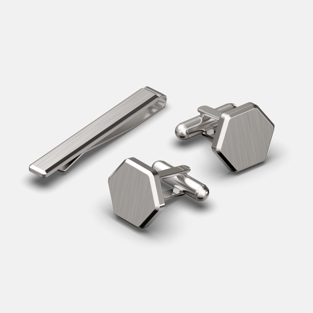 Tie Bar & Cufflinks Kit - Platinum