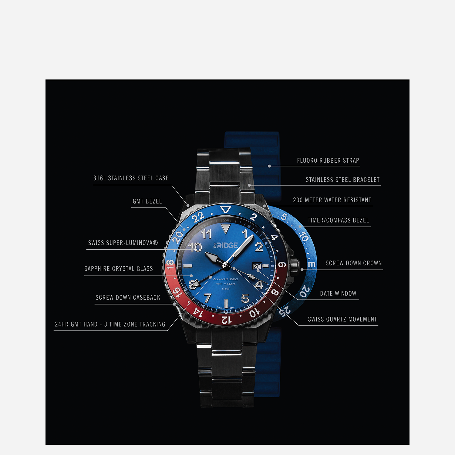 Ridge Land & Sea GMT Watch 42mm - Carbon Fiber 3k